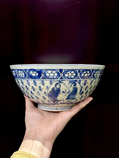 古玩陶瓷青花壽字開窗人物大碗真品鑒賞圖