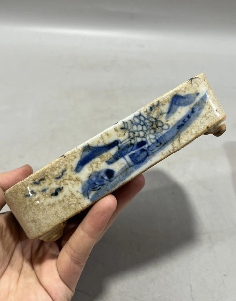 古玩陶瓷清中期哥釉青花水仙盆真品鑒賞圖