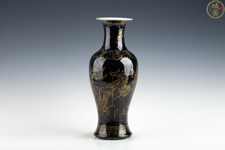 古玩陶瓷晚清·烏金釉描金鳳凰牡丹觀音瓶拍賣，當前價格1926元