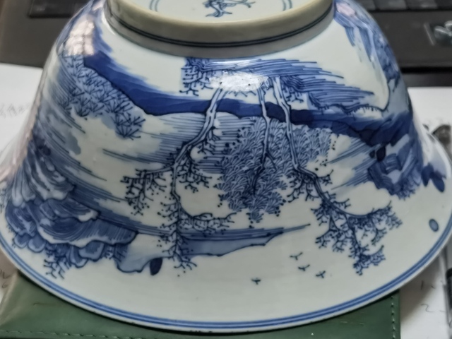 古玩陶瓷青花山水人物紋碗真品鑒賞圖