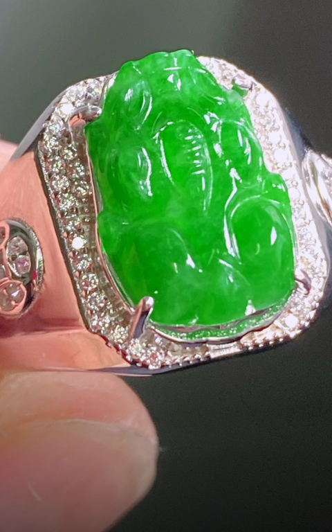 古玩玉器翡翠“貔貅”鑲嵌戒指拍賣，當前價格1298元