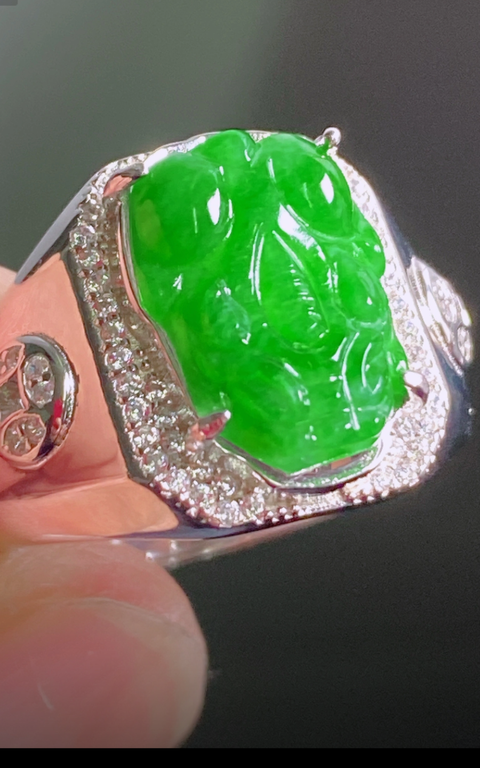 古玩玉器翡翠“貔貅”鑲嵌戒指拍賣，當前價格1298元