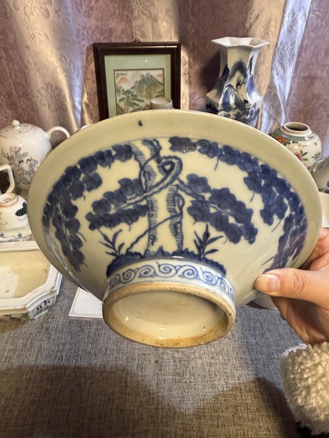 古玩陶瓷清中晚·青花梧桐蝙蝠紋高足碗 真品鑒賞圖