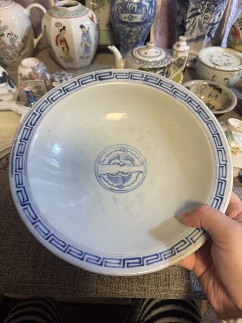 古玩陶瓷清中晚·青花梧桐蝙蝠紋高足碗 真品鑒賞圖