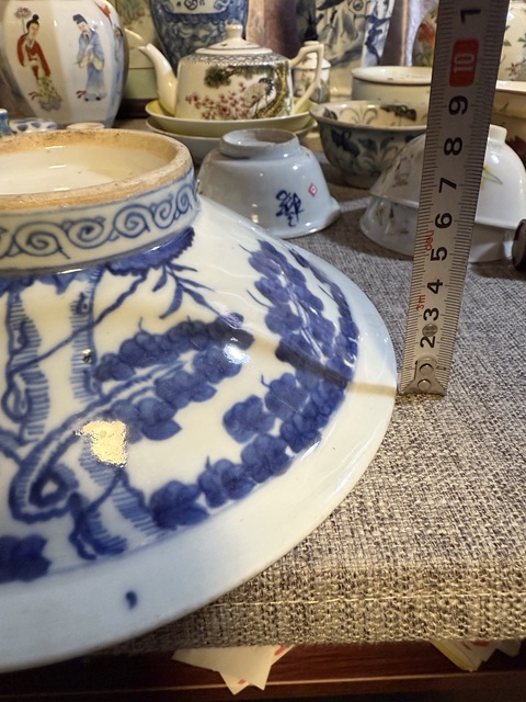 古玩陶瓷清中晚·青花梧桐蝙蝠紋高足碗 真品鑒賞圖