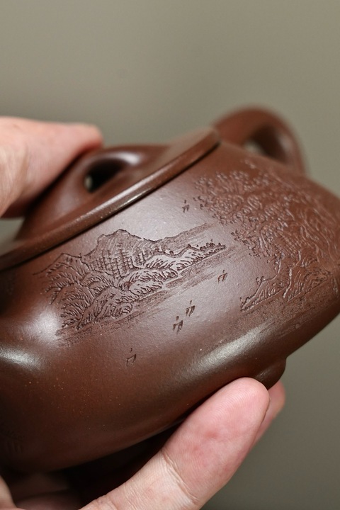 古玩雜項景舟石瓢紫砂壺【全手工】【剔刻工藝】真品鑒賞圖