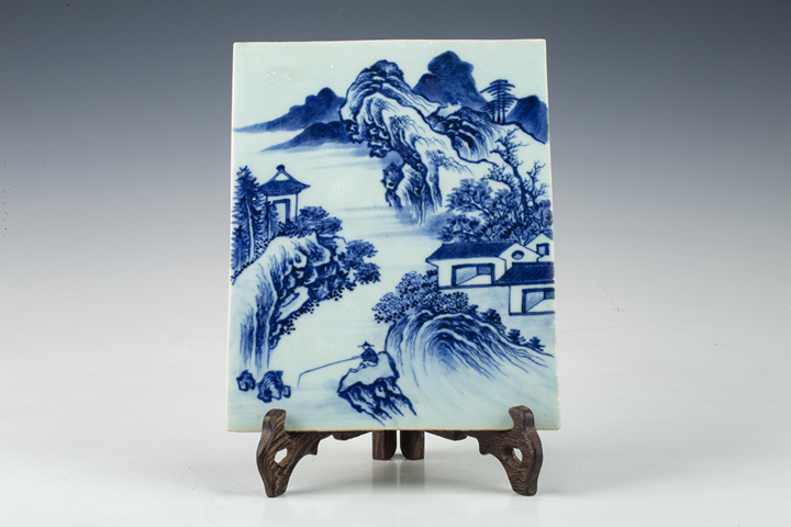 古玩陶瓷清中·青花山水人物紋瓷板 真品鑒賞圖