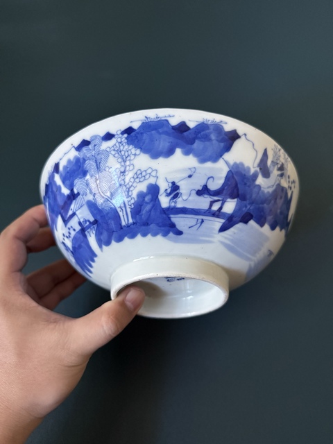 古玩陶瓷清·中晚期漁樵耕讀山水紋青花碗全品拍賣，當前價格1880元