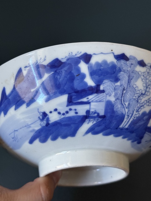 古玩陶瓷清·中晚期漁樵耕讀山水紋青花碗全品拍賣，當前價格1880元
