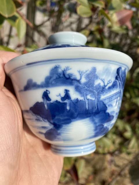 古玩陶瓷人物山水紋青花蓋碗真品鑒賞圖