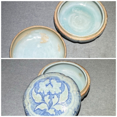 古玩陶瓷青花淺浮雕花卉紋粉盒真品鑒賞圖