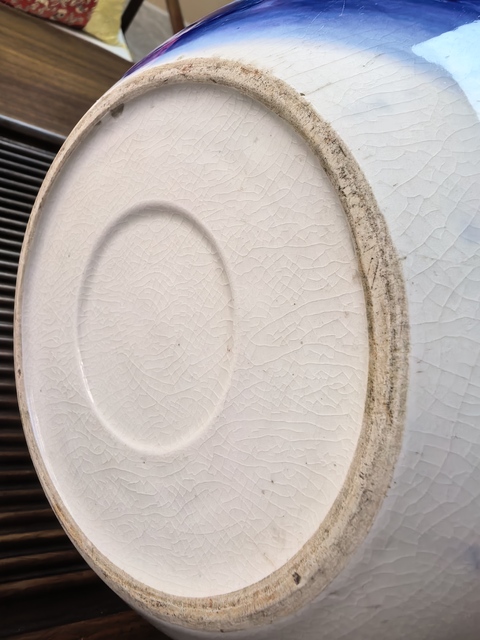 古玩陶瓷柳蔭棲馬紋青花缸真品鑒賞圖