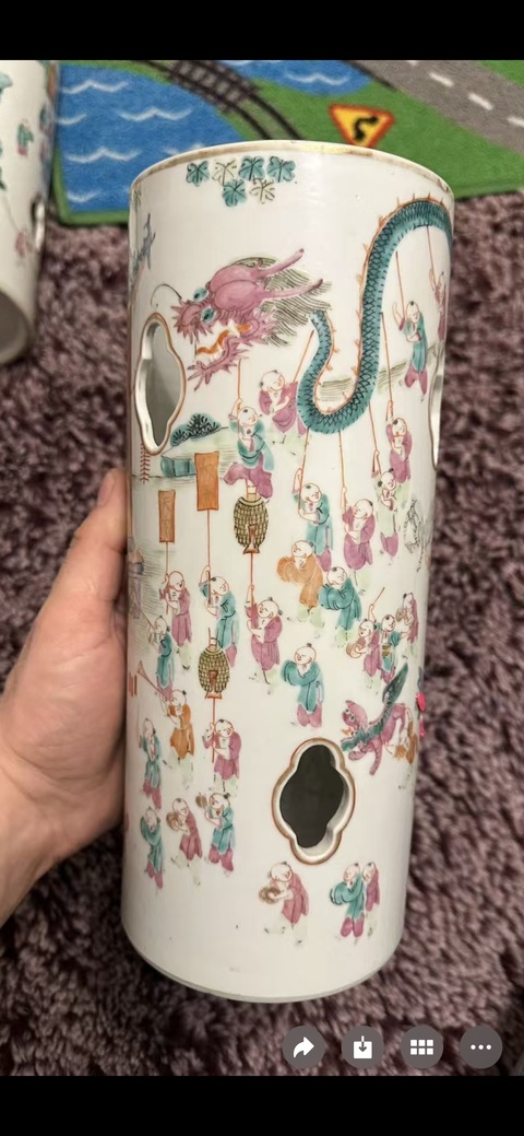 古玩陶瓷百子鬧春粉彩鏤空帽筒真品鑒賞圖