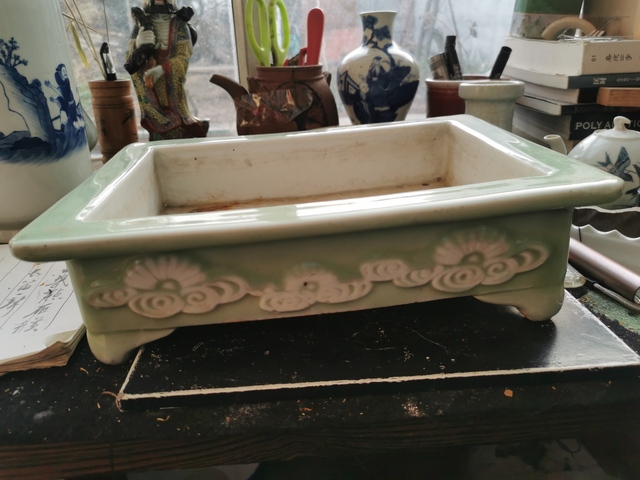 古玩陶瓷清中期粉青釉加白靈芝云紋四方水仙盆真品鑒賞圖