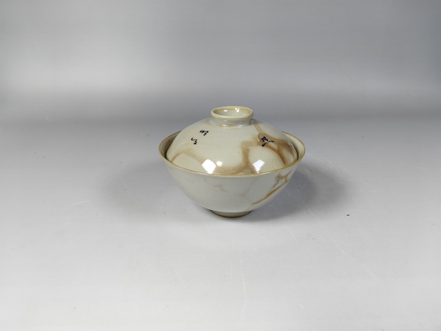 古玩陶瓷清中期石紋釉詩文茶蓋杯真品鑒賞圖