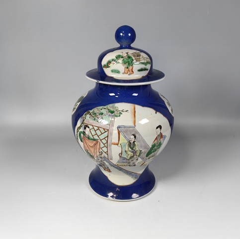 古玩陶瓷晚清祭藍開窗五彩人物故事紋將軍罐真品鑒賞圖