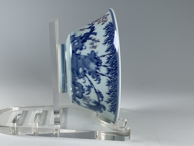 古玩陶瓷清中期·青花釉里紅梅竹雙青詩文碗拍賣，當前價格4440元