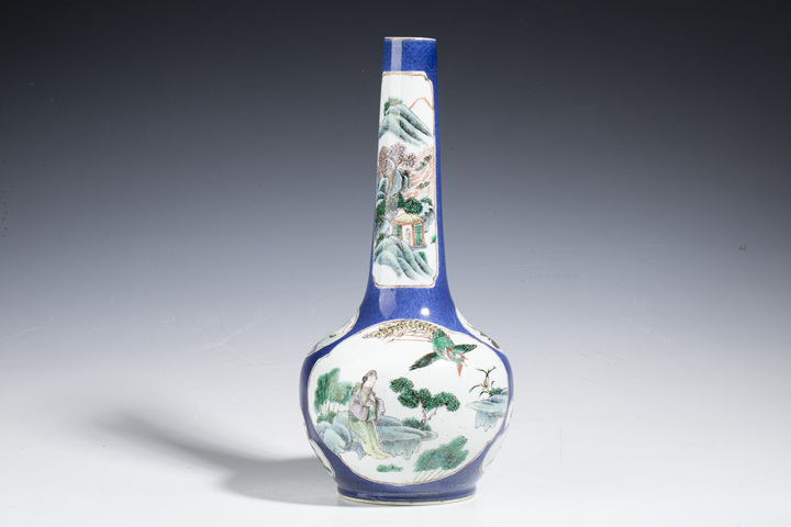 古玩陶瓷清光緒·灑藍(lán)釉開窗五彩吹簫引鳳山水紋長頸瓶拍賣，當(dāng)前價格9800元