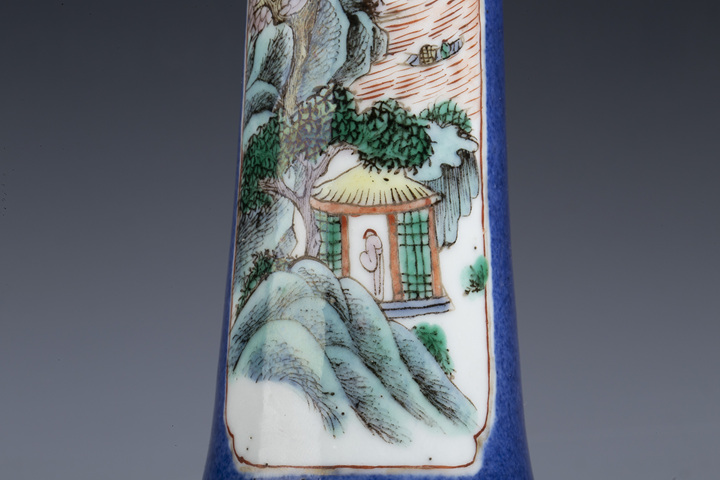 古玩陶瓷清光緒·灑藍(lán)釉開窗五彩吹簫引鳳山水紋長頸瓶拍賣，當(dāng)前價格9800元